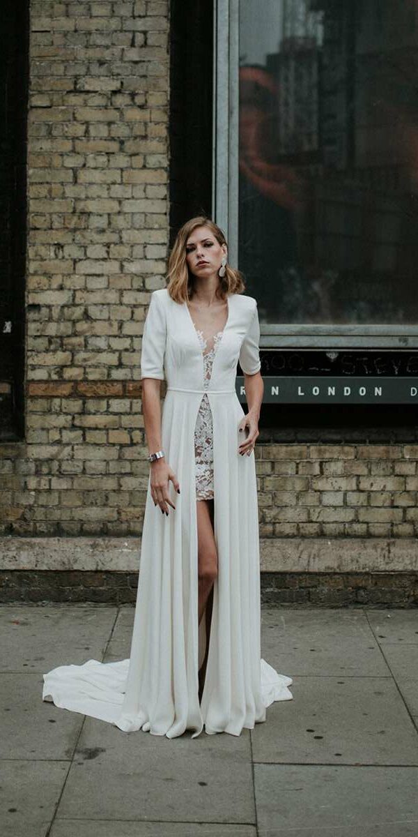 Sous-robe courte en dentelle effet tatouage et sur-robe crêpe fluide Manon Gontero
