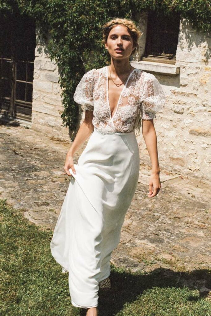 Robe de mariée retro fluide col cache-coeur Donatelle Godart